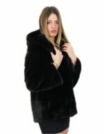 Black horizontal mink coat with hood 42 70 cm long with external pockets - Image 4