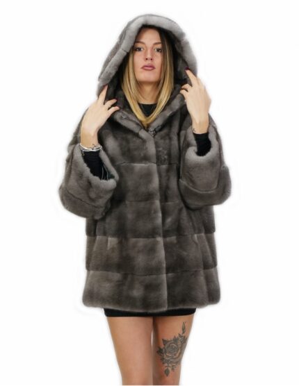 Cappottino 54 lungo 76 centimetri blu iris in visone orizzontale con cappuccio con tasche esterne