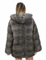 Cappottino 54 lungo 76 centimetri blu iris in visone orizzontale con cappuccio con tasche esterne