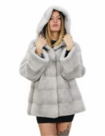 Cappottino 48 lungo 76 centimetri zaffiro in visone orizzontale con cappuccio con tasche esterne