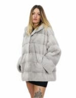 Coat 54 long 76 cm long horizontal mink sapphire with hood with external pockets - Image 3