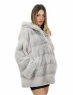 Coat 54 long 76 cm long horizontal mink sapphire with hood with external pockets - Image 4