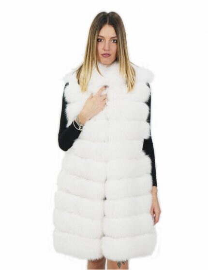 Gilet volpe e persiano 48 bianco ottico con cintura in pelle con borchie e tasche esterne