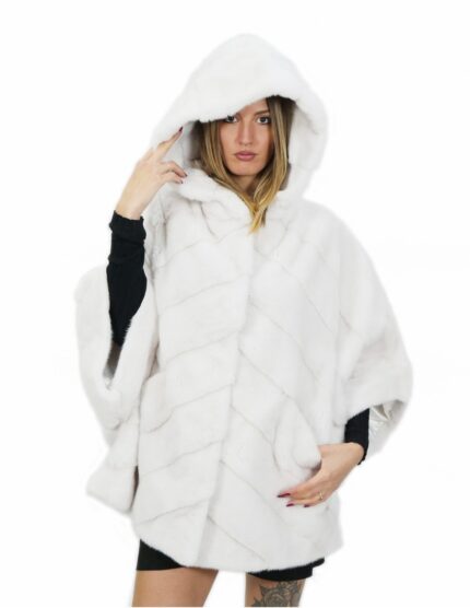 Pelliccia visone taglia 44 bianco mantella lungo 72 centimetri cappuccio donna