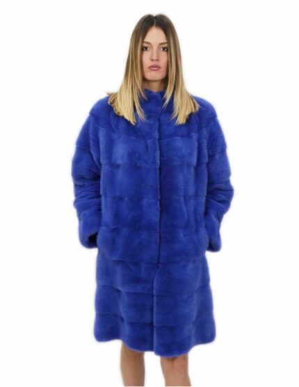 Cappotto 92 centimetri visone orizzontale pervinca 50 con tasche esterne e chiusura ganci