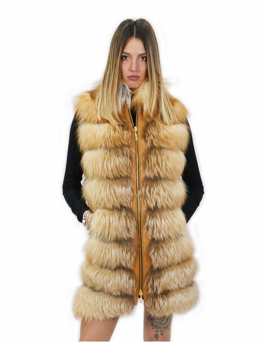 Gilet volpe colore naturale arancio 46 chiusura zip pistagna tasche esterne zip laterali