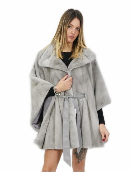 Mantella visone zaffiro 46 pelle intera cintura abbinata in vita collo pistagna tasche esterne