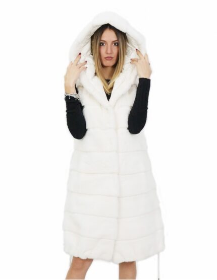 Gilet 94 cm bianco ottico visone orizzontale e rex 54 pelliccia cappuccio coulisse