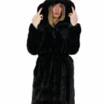 Cintura pelliccia visone nero 42 cappotto lungo 100 centimetri con cappuccio tasche esterne