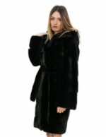 Black mink fur belt 42 100cm long coat with hood external pockets - Image 3