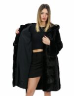 Black mink fur belt 42 100cm long coat with hood external pockets - Image 6