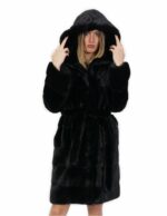 Cintura pelliccia visone nero 46 cappotto lungo 100 centimetri con cappuccio tasche esterne