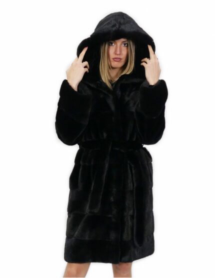 Cintura pelliccia visone nero 46 cappotto lungo 100 centimetri con cappuccio tasche esterne