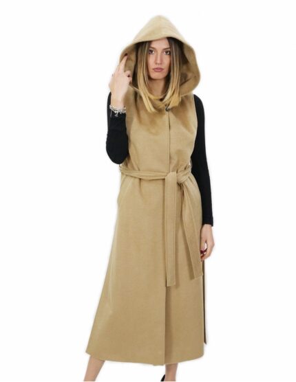Smanicato cammello lungo in cashmere 48 con cintura chiusura ganci e tasche esterne