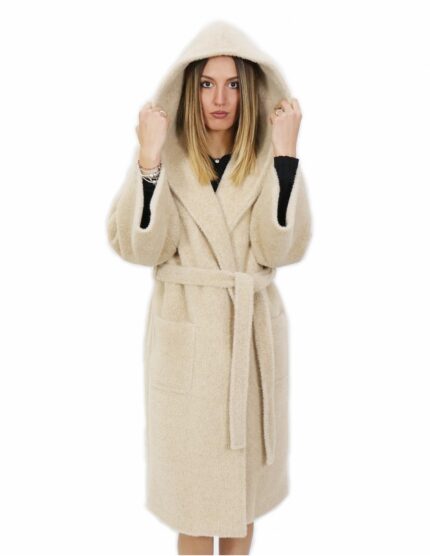 Cappotto in cashmere 52 di alta qualita colore beige con cappuccio e tasche esterne