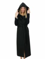 Smanicato nero lungo in cashmere 42 con cintura chiusura ganci e tasche esterne