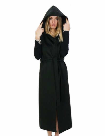 Smanicato nero lungo in cashmere 50 con cintura chiusura ganci e tasche esterne