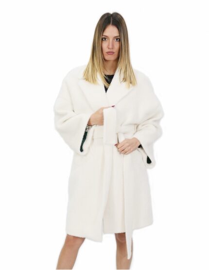 Cappotto 52 colore bianco lungo 100 centimetri collo sciallato in cashmere di alta qualita e tasche esterne