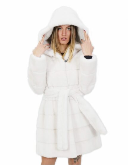 Cappotto pelliccia 56 visone bianco con cappuccio 91 centimetri orizzontale tasche esterne