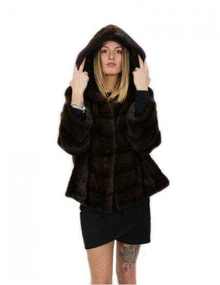 Giacca 58 visone orizzontale fasce larghe demi buff cappuccio ganci manica lunga