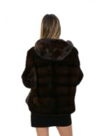 Giacca 58 visone orizzontale fasce larghe demi buff cappuccio ganci manica lunga