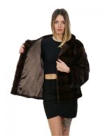 Giacca 58 visone orizzontale fasce larghe demi buff cappuccio ganci manica lunga
