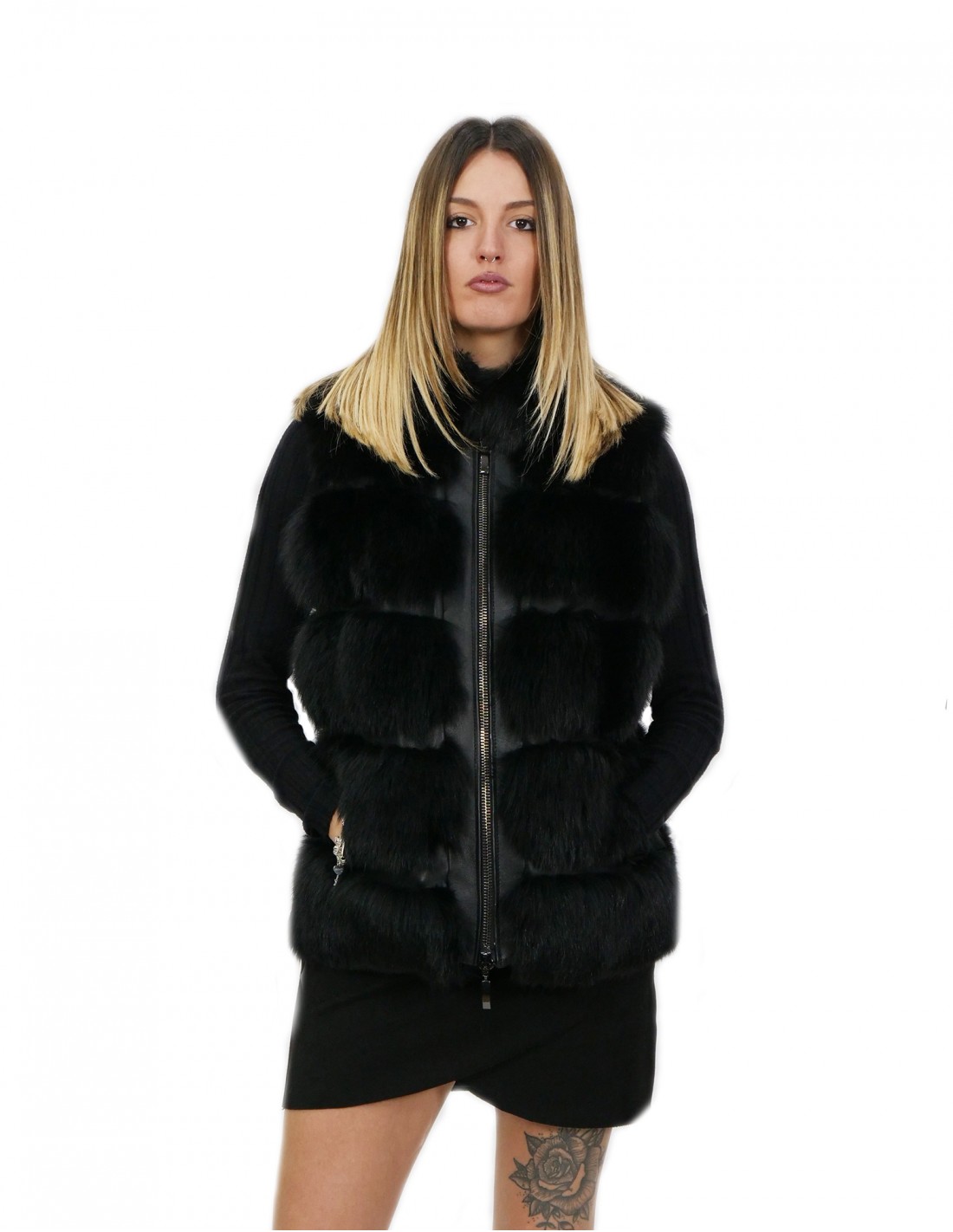 Gilet corto chiusura zip volpe colore nero 44 lungo 62 cm colletto tasche esterne