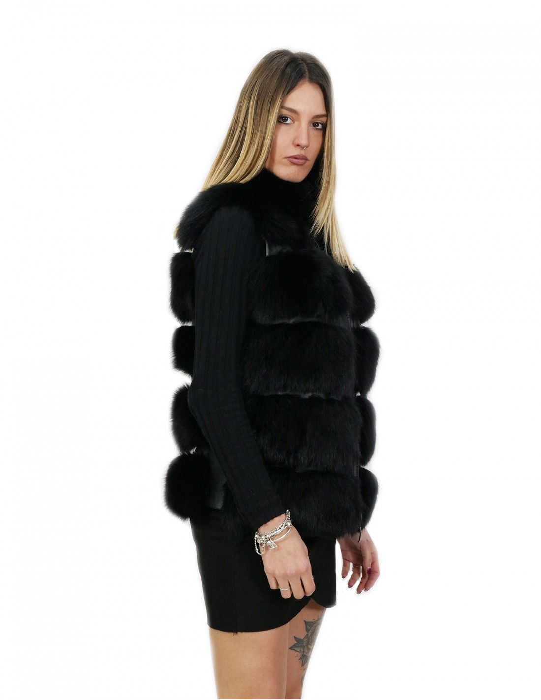 Короткий жилет лисица застежка-молния черный цвет 44 длинный 62 см воротник внешние карманы — изображение 4