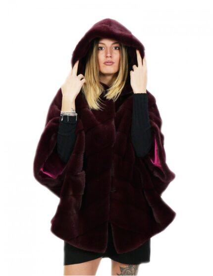 Pelliccia visone taglia 46 rosso rubino mantella lungo 72 centimetri cappuccio donna