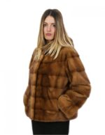 Kurze horizontale Nerzjacke mit Kapuze 52 Gold Gold Langarm – Bild 3