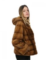 Kurze horizontale Nerzjacke mit Kapuze 52 Gold Gold Langarm – Bild 4