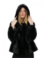 Giacca visone orizzontale corto con cappuccio 50 nero manica lunga