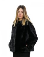 Kurze horizontale Nerzjacke mit Kapuze 50 schwarze Langärmel – Bild 3