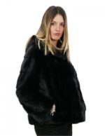 Kurze horizontale Nerzjacke mit Kapuze 50 schwarze Langärmel – Bild 4