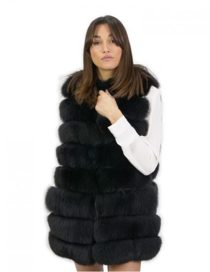 Smanicato pelliccia volpe nero 48 con riporti pelle chiusura ganci alto 78 centimetri