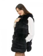 Sleeveless fox fur black 48 with leather trim hook closure 78 cm high - Image 4