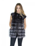 Gilet pelliccia volpe blu grigio antracite con inserti di pelle scamosciata 44-46