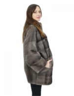 Cappottino in visone orizzontale blu iris pistagna 44 pelle intera dietro con tasche esterne