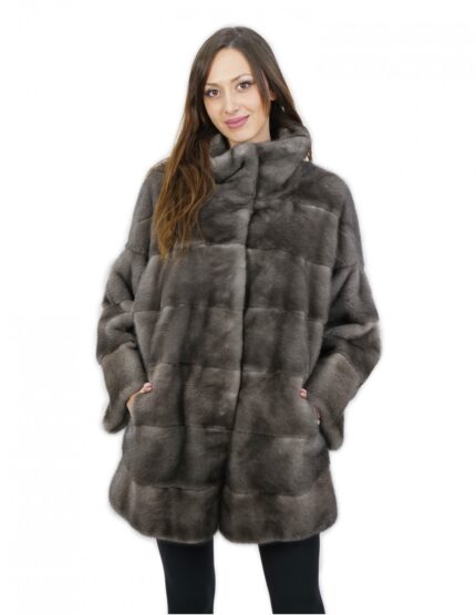 Cappottino in visone orizzontale blu iris pistagna 44 pelle intera dietro con tasche esterne