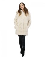 Beige coat in horizontal mink with hood 46 88 cm long with drawstring waist - Image 5