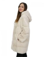 Beige coat in horizontal mink with hood 46 88 cm long with drawstring waist - Image 4