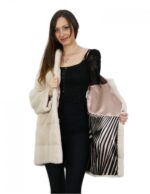 Beige coat in horizontal mink with hood 46 88 cm long with drawstring waist - Image 7