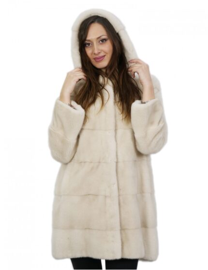 Cappottino beige in visone orizzontale con cappuccio 46 lungo 88 centimetri con coulisse vita