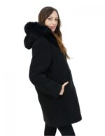 Black inverted sheepskin coat with hood 48 fox edge with external pockets - Image 3