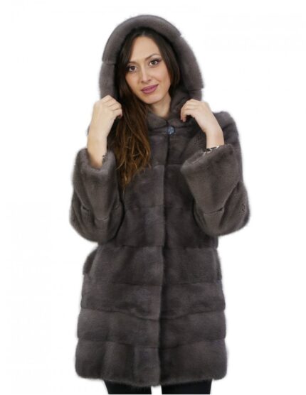 Cappottino silverblue in visone orizzontale con cappuccio 46 lungo maniche e sotto da smontare