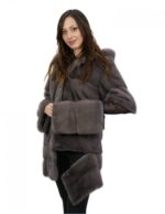 Silberblauer Mantel aus horizontalem Nerz mit Kapuze 46 lange Ärmel und darunter zum Zerlegen – Bild 8