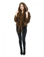 Giacca pelliccia di visone orizzontale 48 kopenaghen furs con cintura e cappuccio