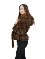 Giacca pelliccia di visone orizzontale 48 kopenaghen furs con cintura e cappuccio