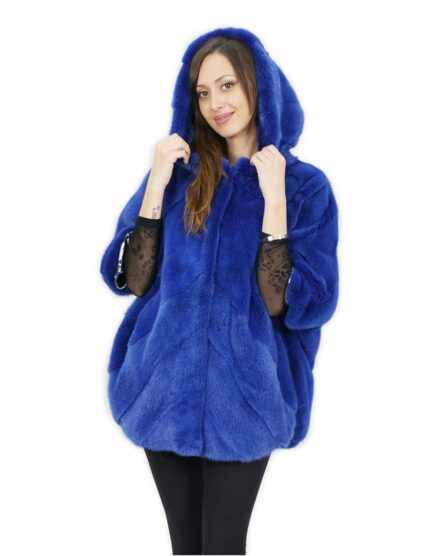 Mantella pelliccia 52 blu chiaro visone trasversale con maniche lunghe e cappuccio chiusura ganci