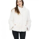 Giacca visone orizzontale 42 bianco ottico cappuccio manica tre quarti corta